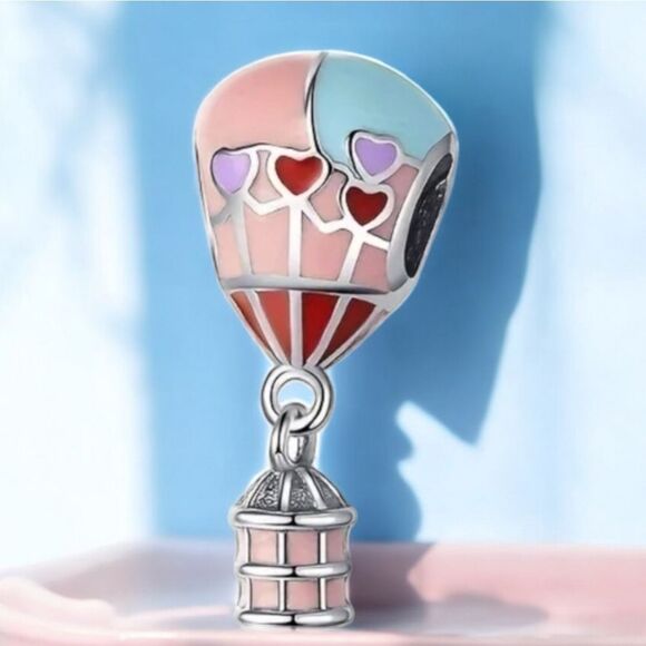 Hot Air Balloon Charm S925 Sterling Silver Pink Hearts Slide-On Bracelet Pendant - Picture 8 of 9